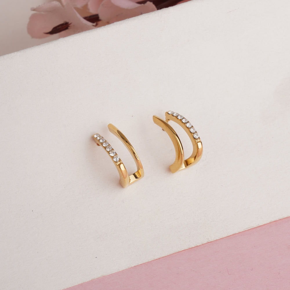 Chic Gold Plated Double Row Huggie Hoop Earrings with Pave-Set Brilliant White Crystals