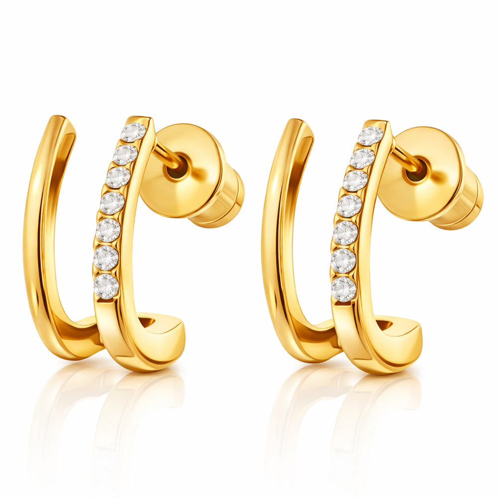 Chic Gold Plated Double Row Huggie Hoop Earrings with Pave-Set Brilliant White Crystals