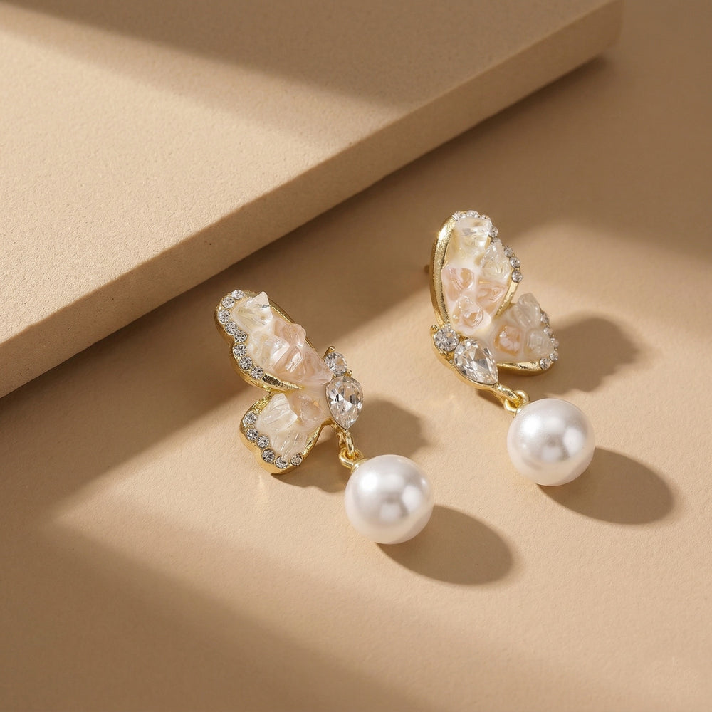 Luxury Gold Plated Butterfly Dangle Earrings with Champagne Crystals White Round Pearls