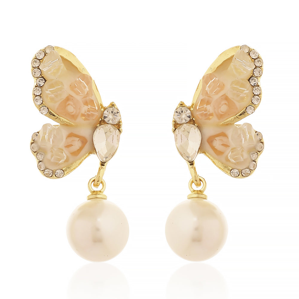Luxury Gold Plated Butterfly Dangle Earrings with Champagne Crystals White Round Pearls