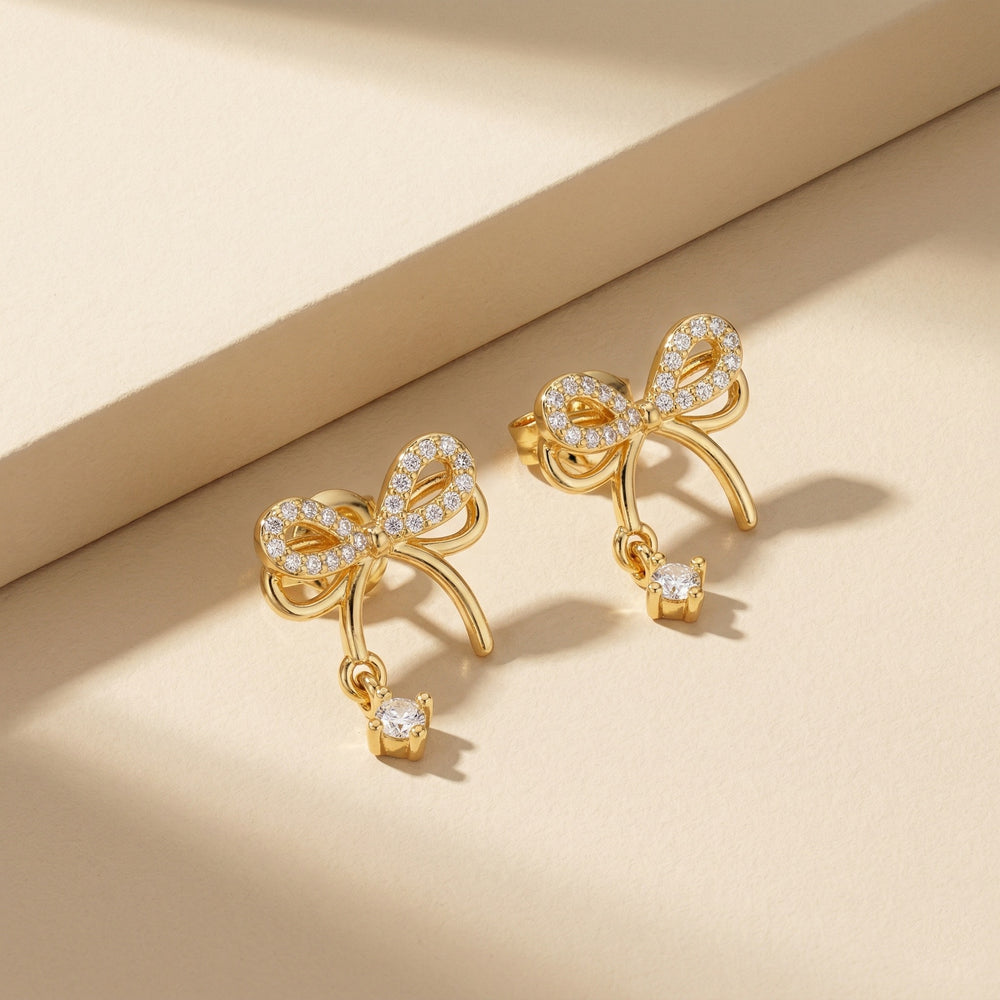 Dainty Gold Plated Pave Crystal Ribbon Bow Stud Earrings with Solitaire Zirconia Dangle