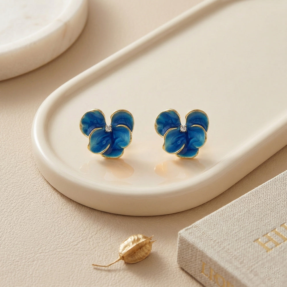 Artistic Gold Plated Blue Ombre Enamel Flower Stud Earrings with Centered Crystal Accent