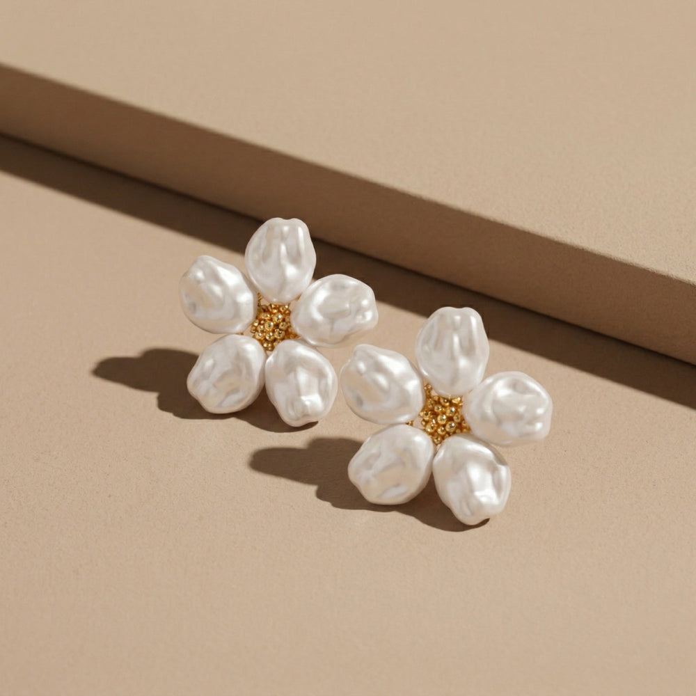 Romantic Gold Plated 5-Petal Flower Stud Earrings with Baroque Style White Shell petals