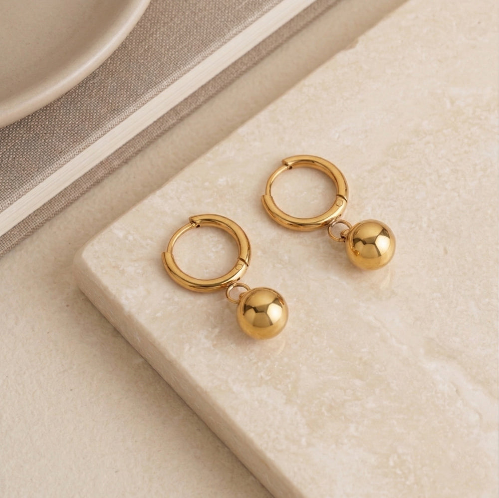 Minimalist Gold Plated Polished Ball Drop Huggie Hoop Earrings for Modern