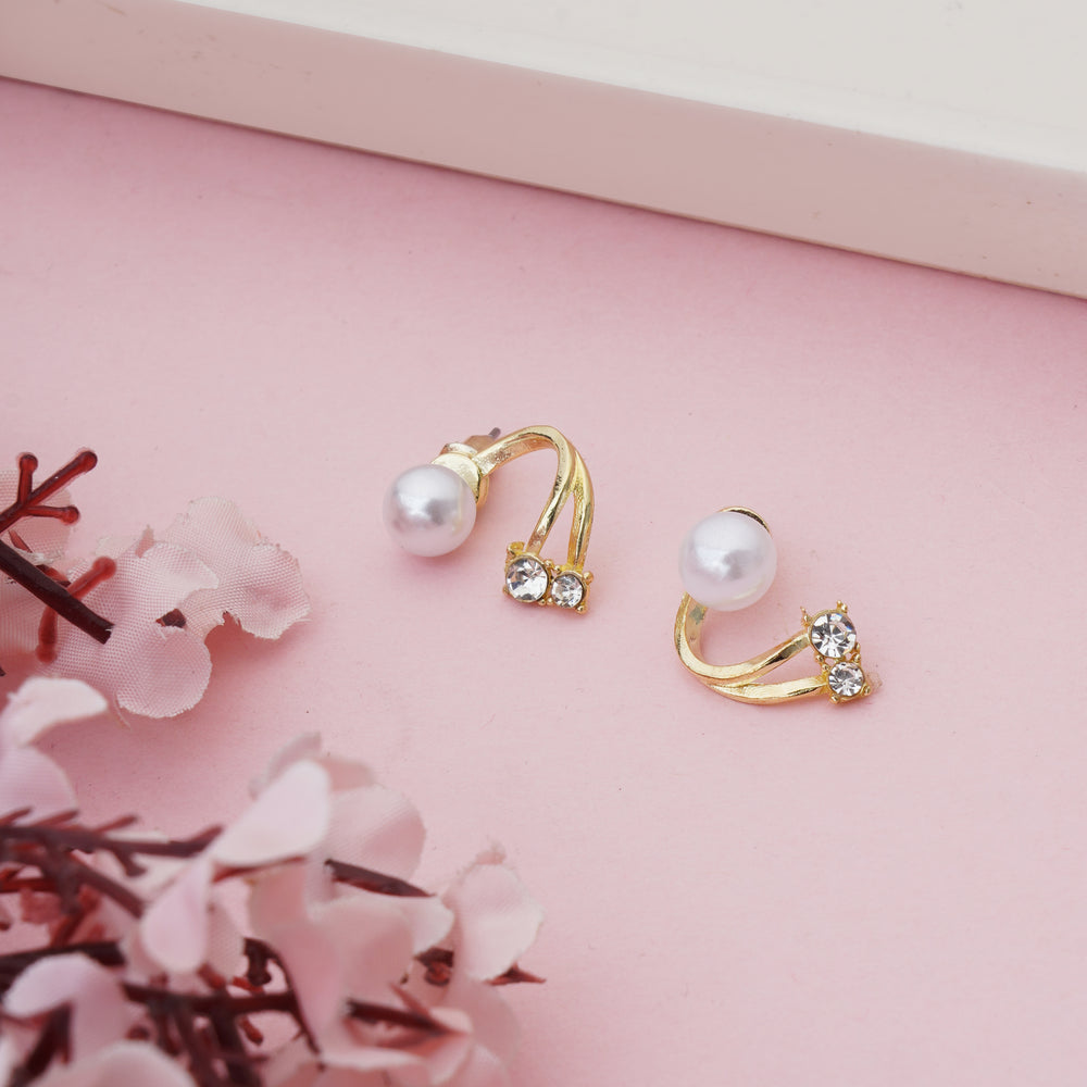 Modern Gold Plated Dual-Row Earrings with White Pearl and Sparkling Crystal Accents