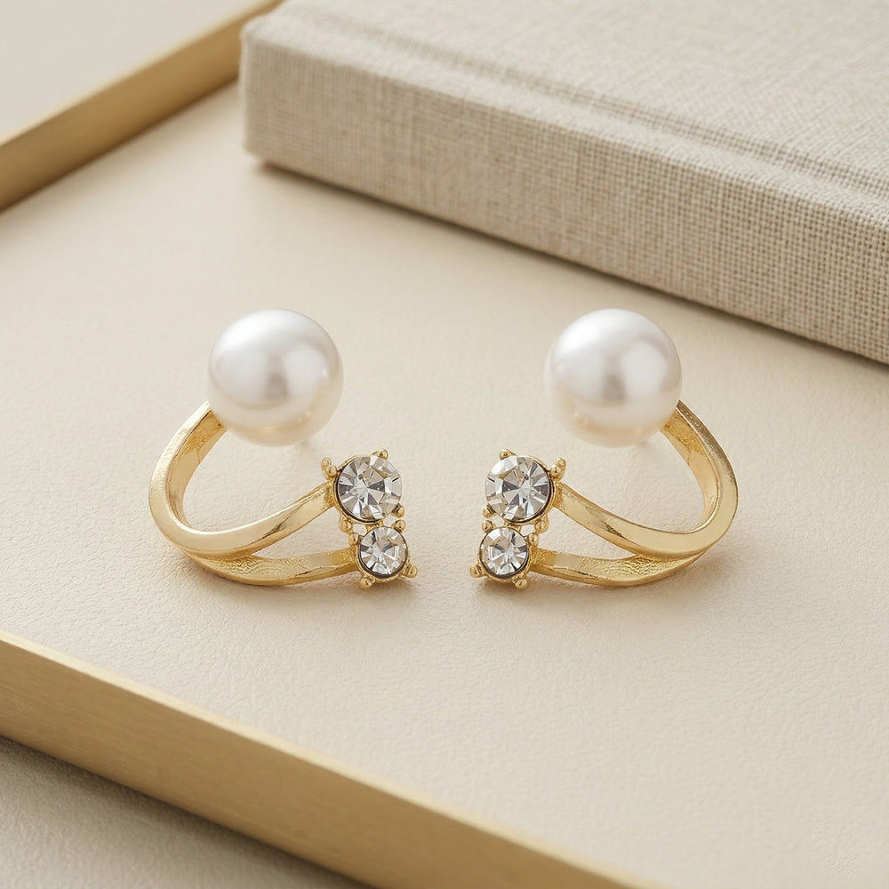 Modern Gold Plated Dual-Row Earrings with White Pearl and Sparkling Crystal Accents