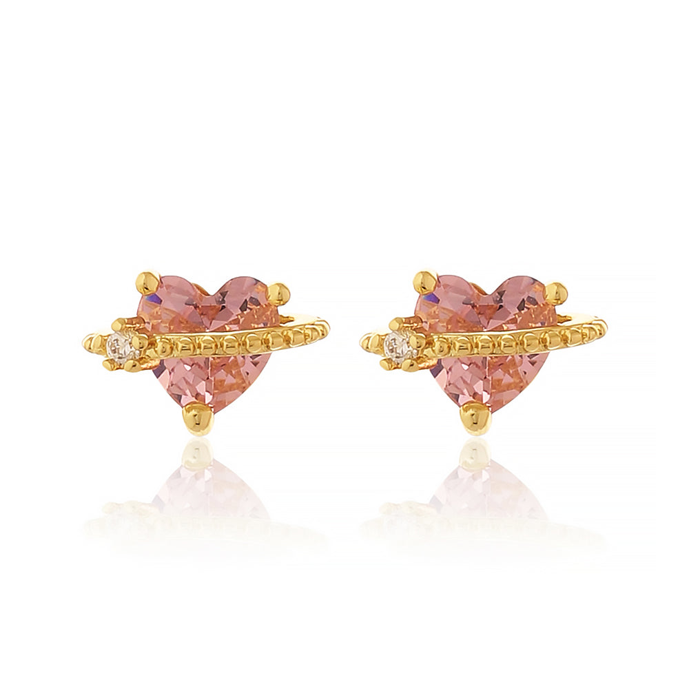 Whimsical Gold Plated Saturn Planet Stud Earrings with Heart-Cut Pink Morganite Crystal