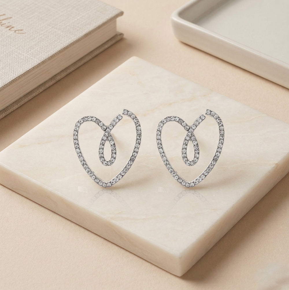 Elegant Rhodium Plated Open Heart Stud Earrings Encrusted with Brilliant White Zirconia