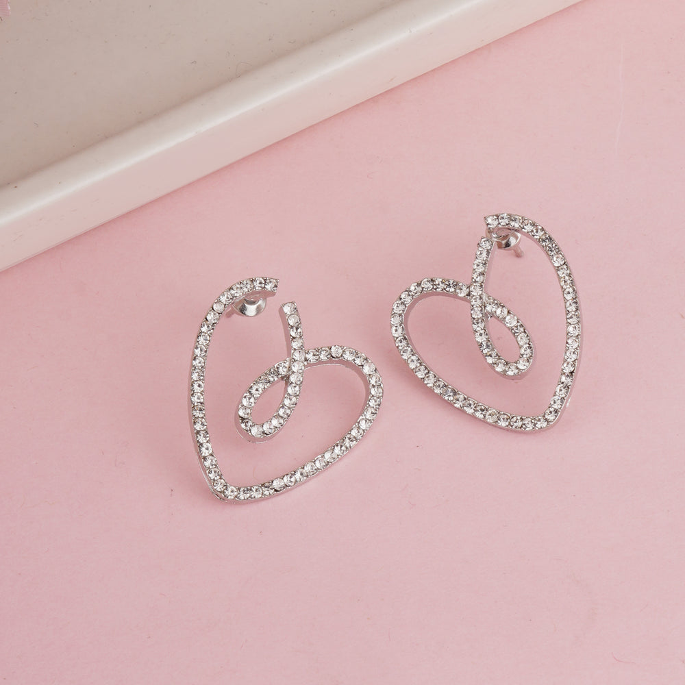 Elegant Rhodium Plated Open Heart Stud Earrings Encrusted with Brilliant White Zirconia