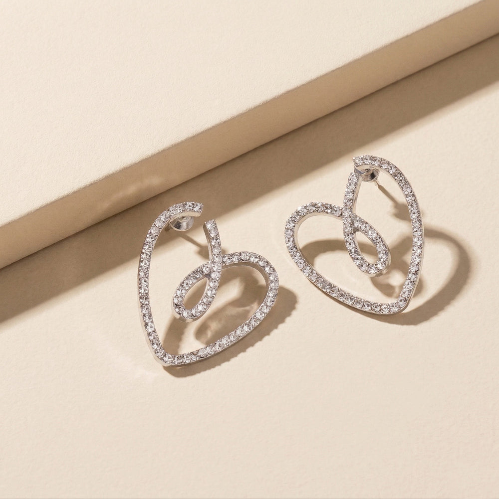 Elegant Rhodium Plated Open Heart Stud Earrings Encrusted with Brilliant White Zirconia