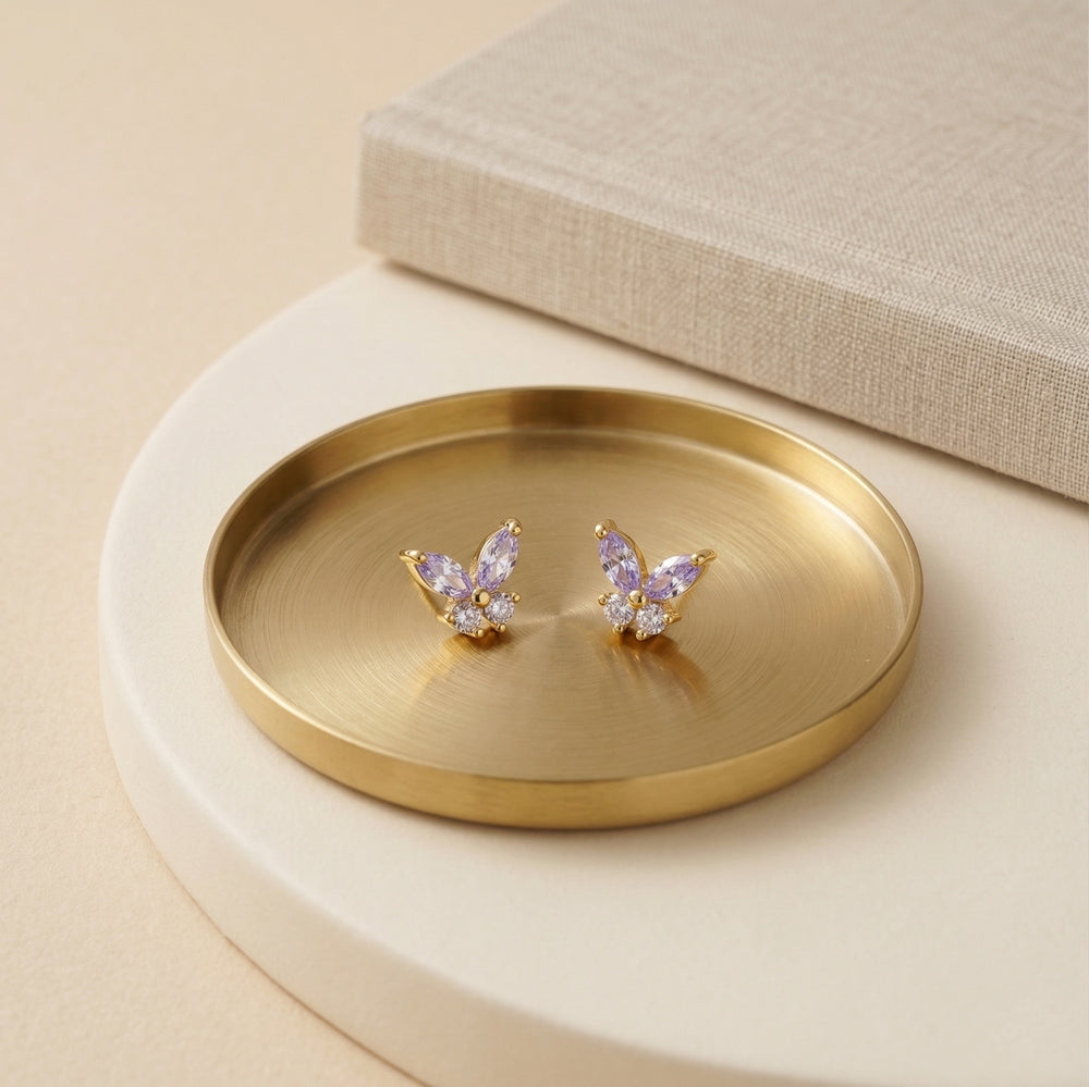 Dainty Gold Plated Butterfly Stud Earrings with Marquise-Cut Pink Amethyst Crystals