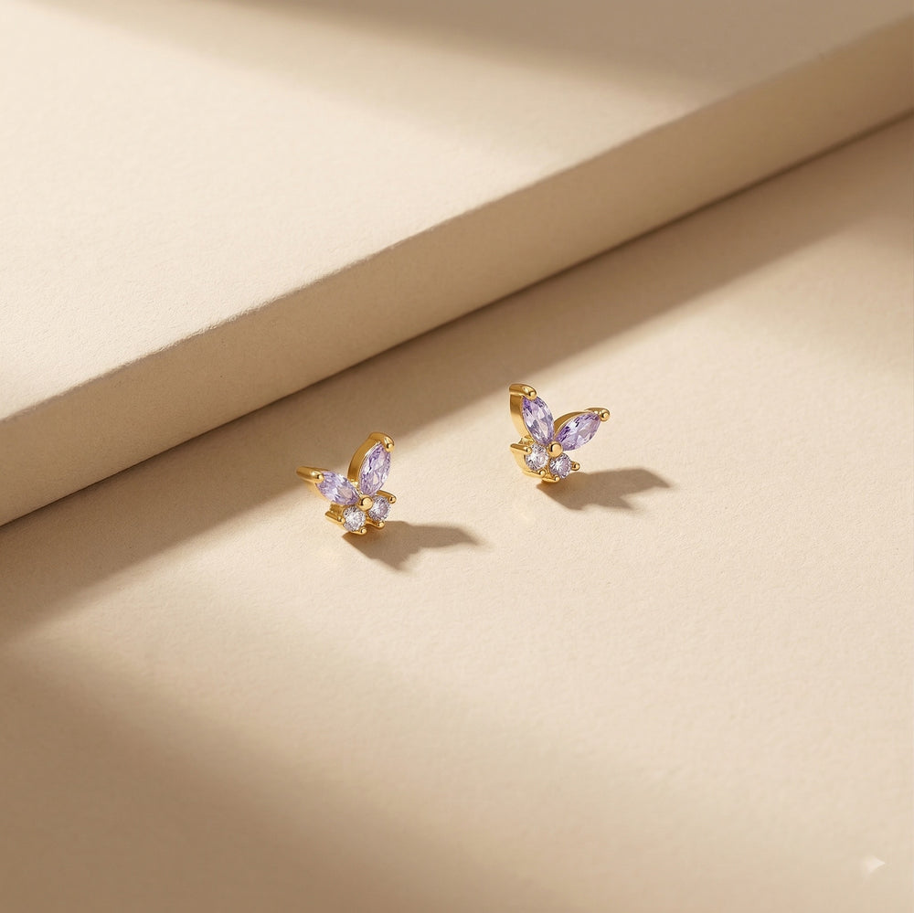 Dainty Gold Plated Butterfly Stud Earrings with Marquise-Cut Pink Amethyst Crystals