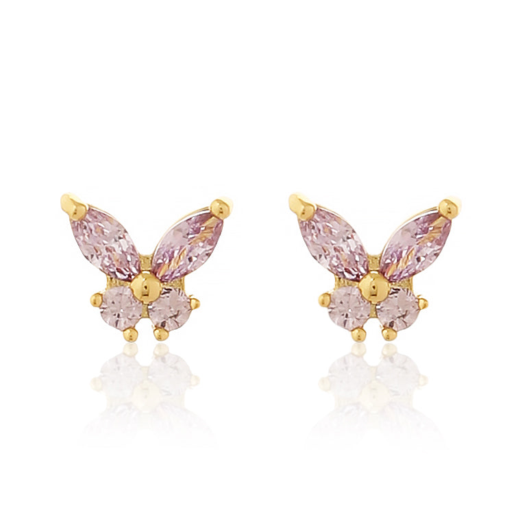 Dainty Gold Plated Butterfly Stud Earrings with Marquise-Cut Pink Amethyst Crystals
