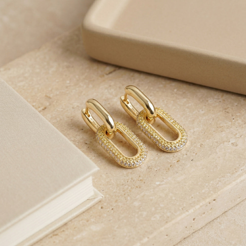 Trendy Gold Plated Double Link Chain Earrings with Pave-Set Crystal Texture