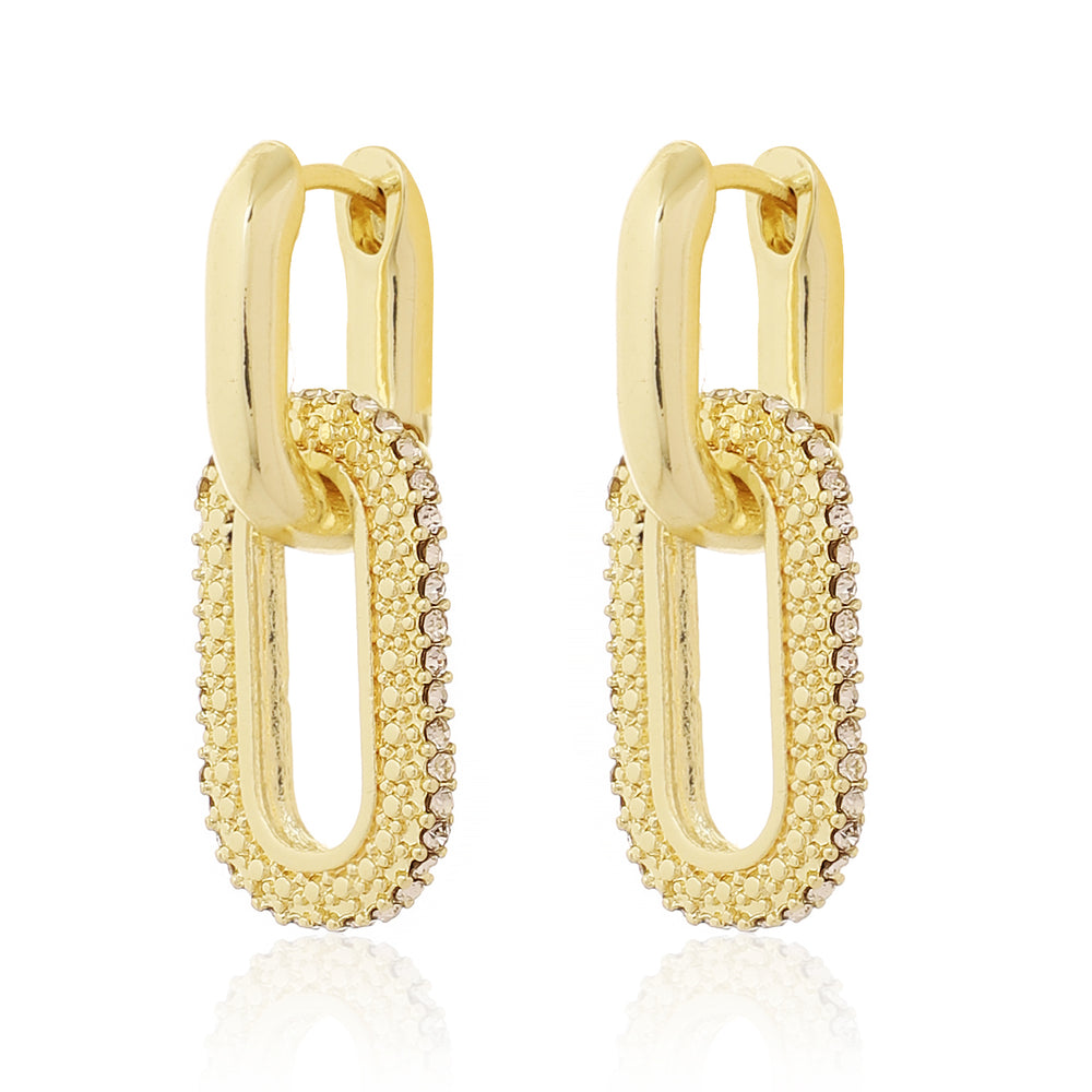 Trendy Gold Plated Double Link Chain Earrings with Pave-Set Crystal Texture