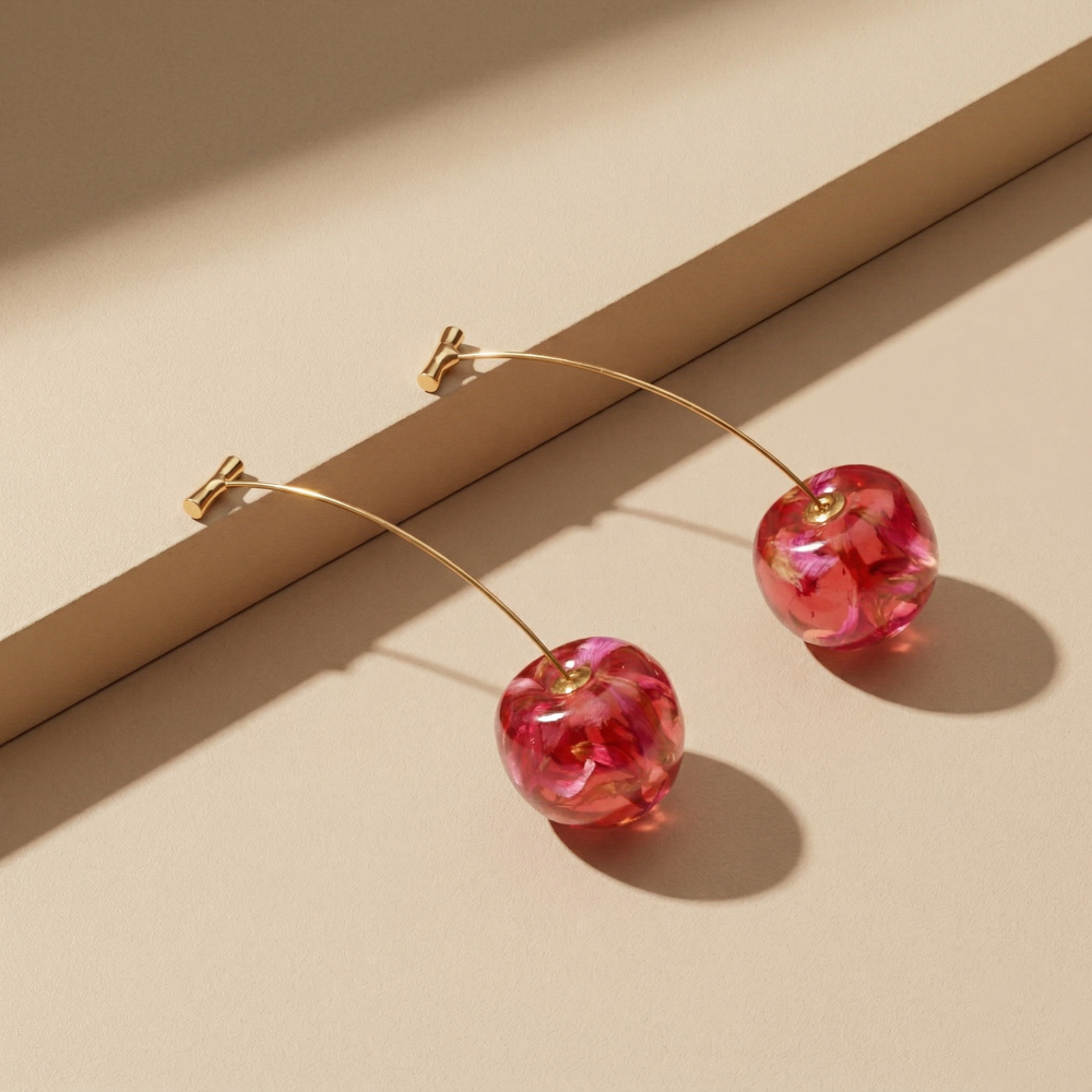Unique Gold Plated Long Stem Cherry Drop Earrings with Red Dried Flower