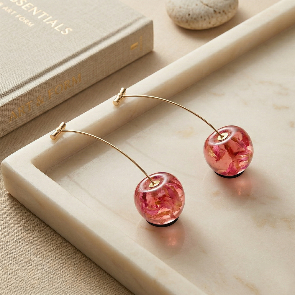 Unique Gold Plated Long Stem Cherry Drop Earrings with Red Dried Flower