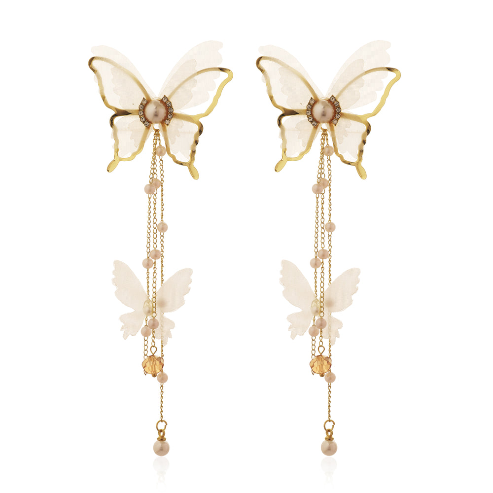 Luxury Gold Plated Multi-Layer Butterfly Dangle Earrings with Silk Wings, Seed Pearls