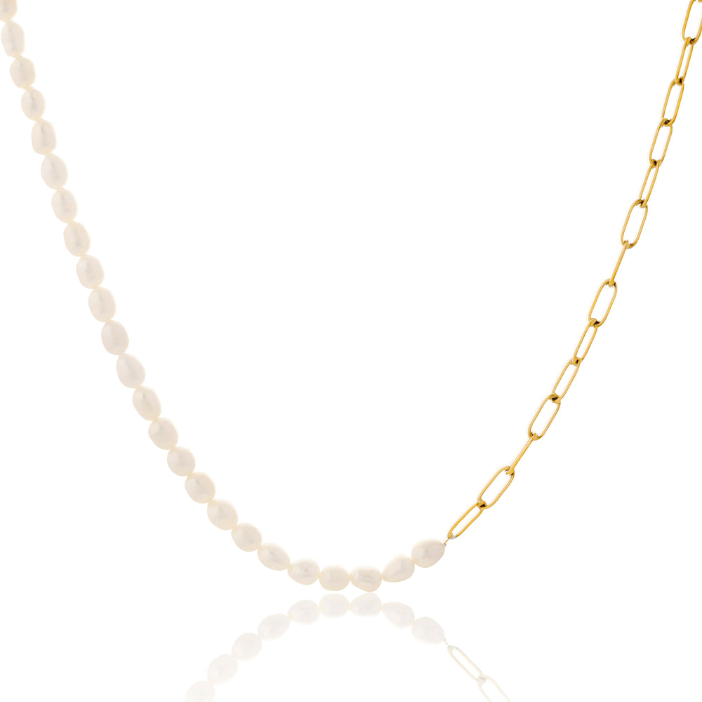 Modern Half-and-Half Pearl and Paperclip Link Chain Necklace