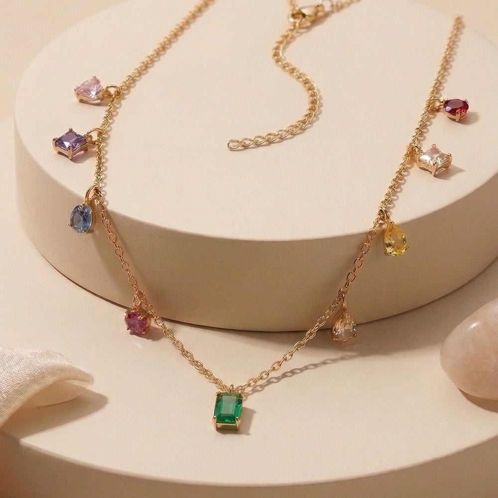 Vibrant Multi-Color Rainbow Gemstone Charm Necklace