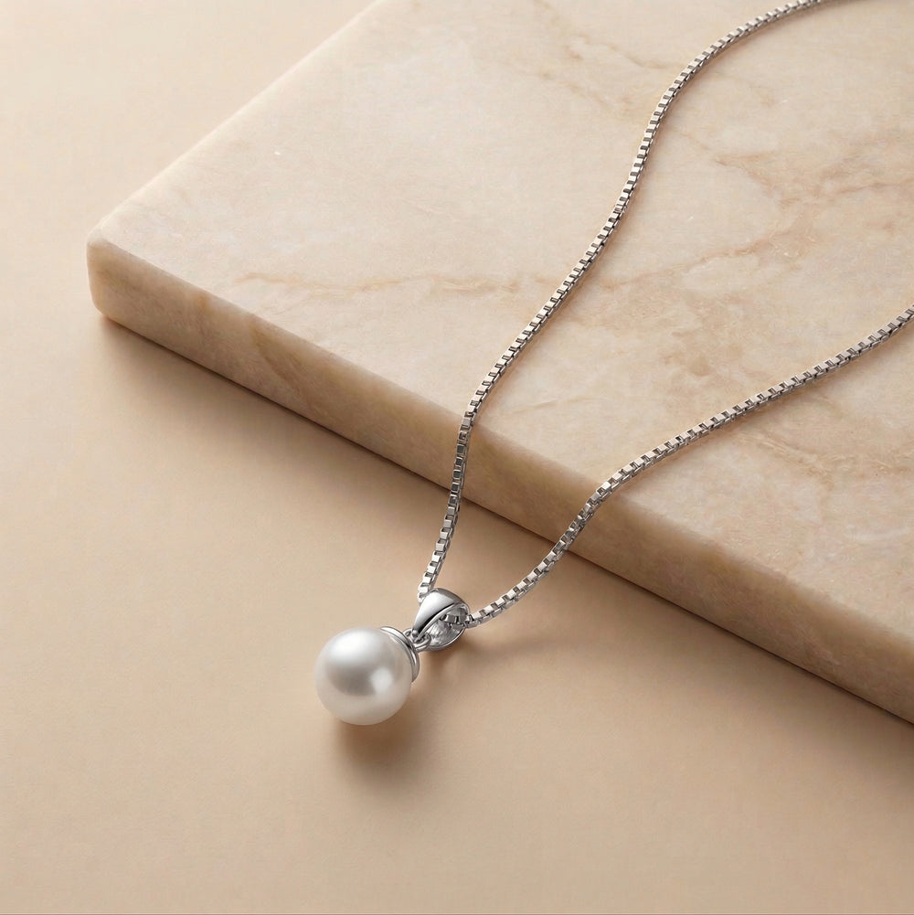 Timeless Round White Pearl Solitaire Pendant on Box Chain
