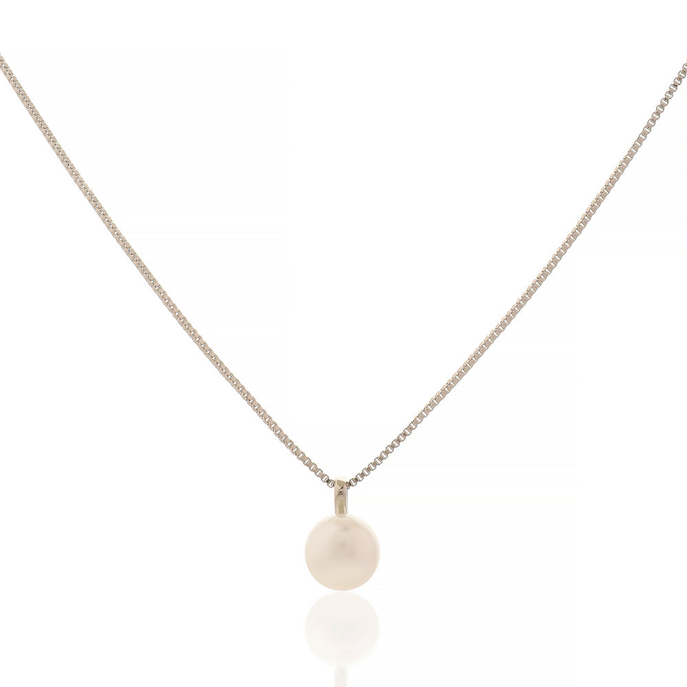Timeless Round White Pearl Solitaire Pendant on Box Chain