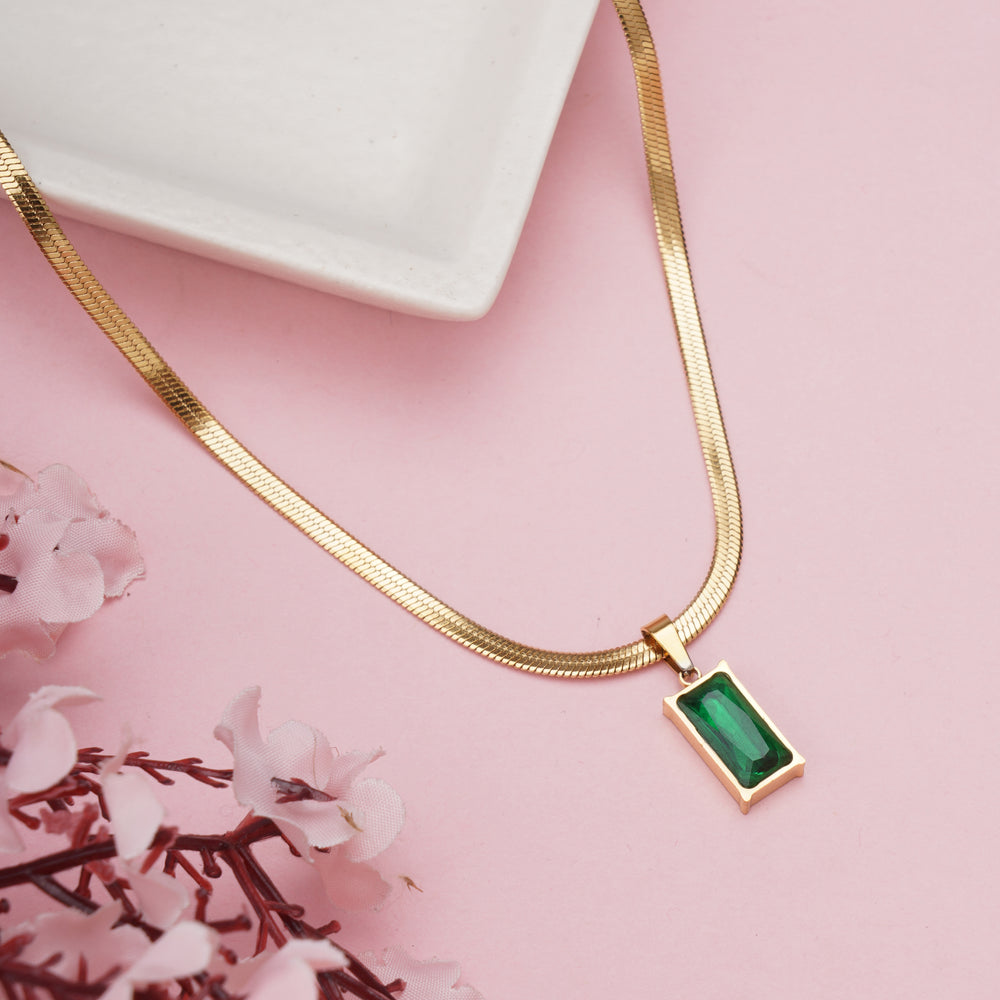 Luxury Emerald Baguette Crystal Pendant on Flat Herringbone Snake Chain