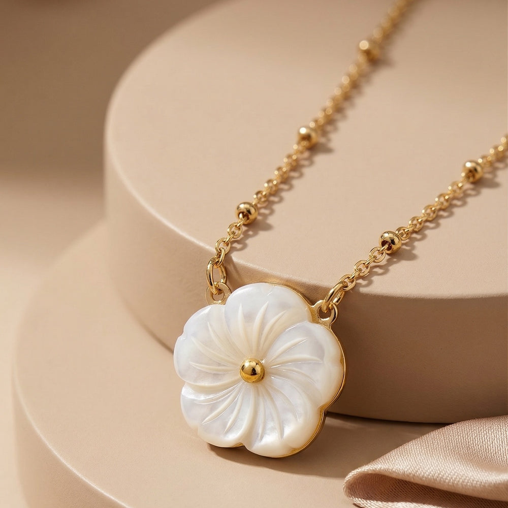 Dainty Carved Shell Flower Pendant on Gold Satellite Bead Chain