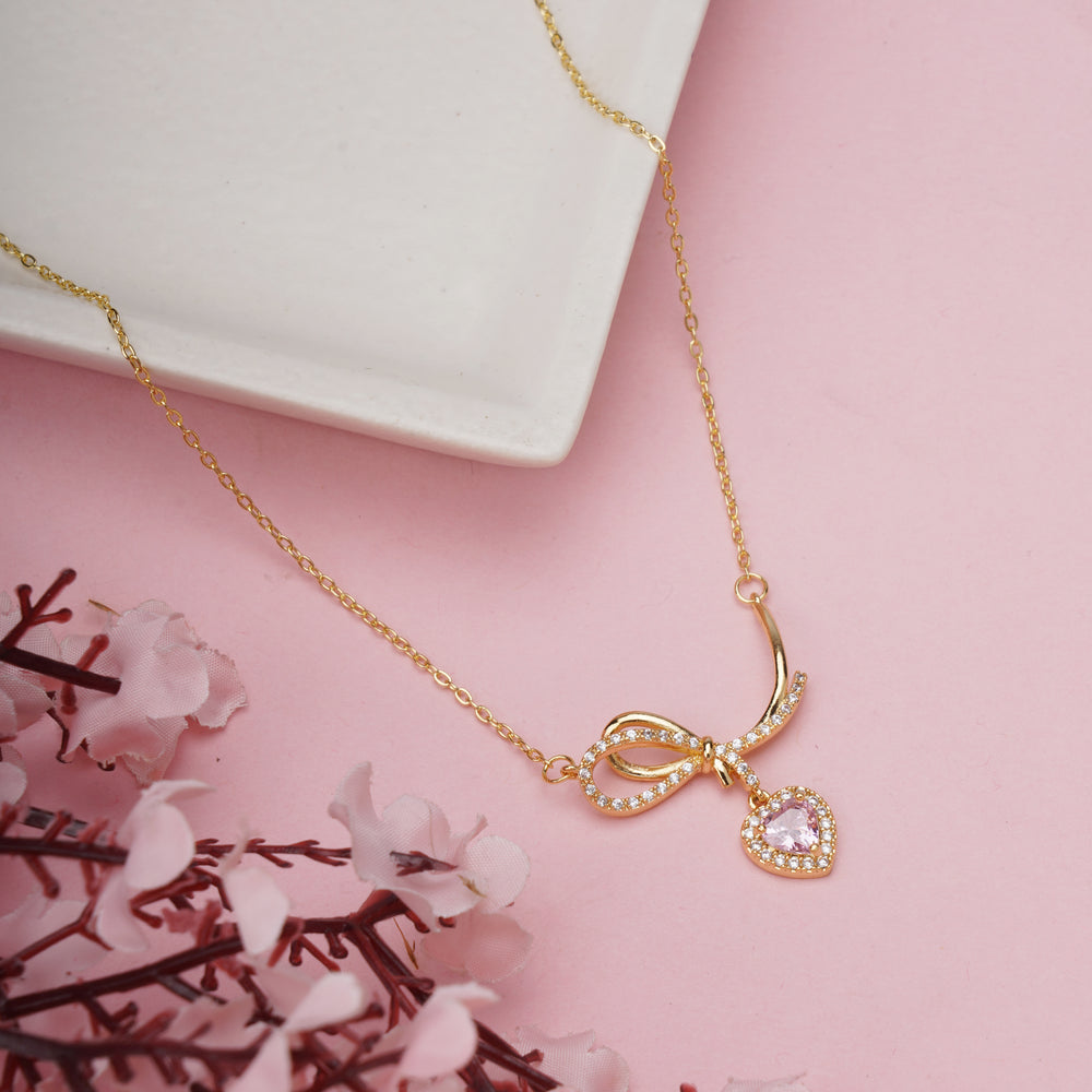 Adorable Pink Heart Crystal Pendant with Sparkling Ribbon Bow Charm