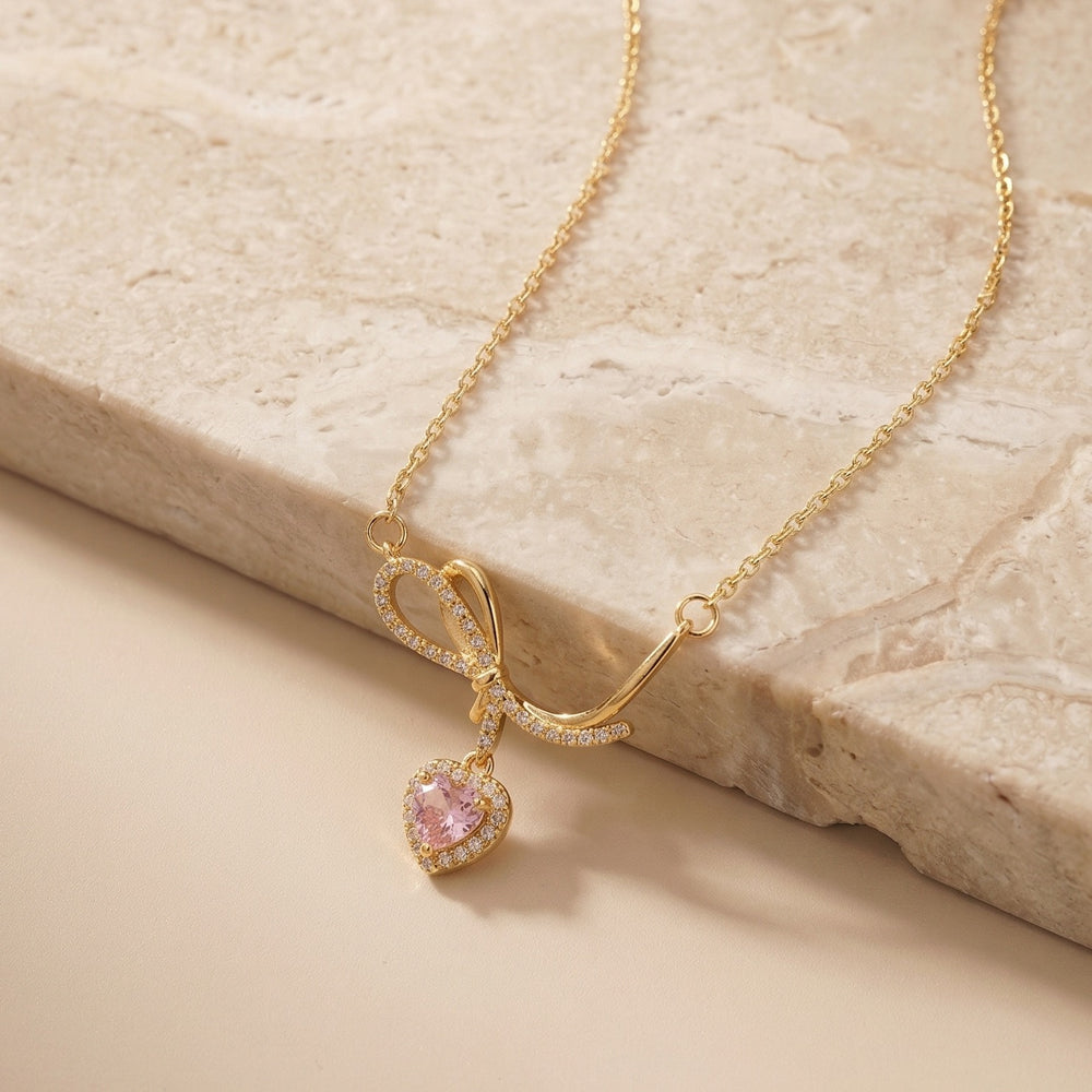 Adorable Pink Heart Crystal Pendant with Sparkling Ribbon Bow Charm