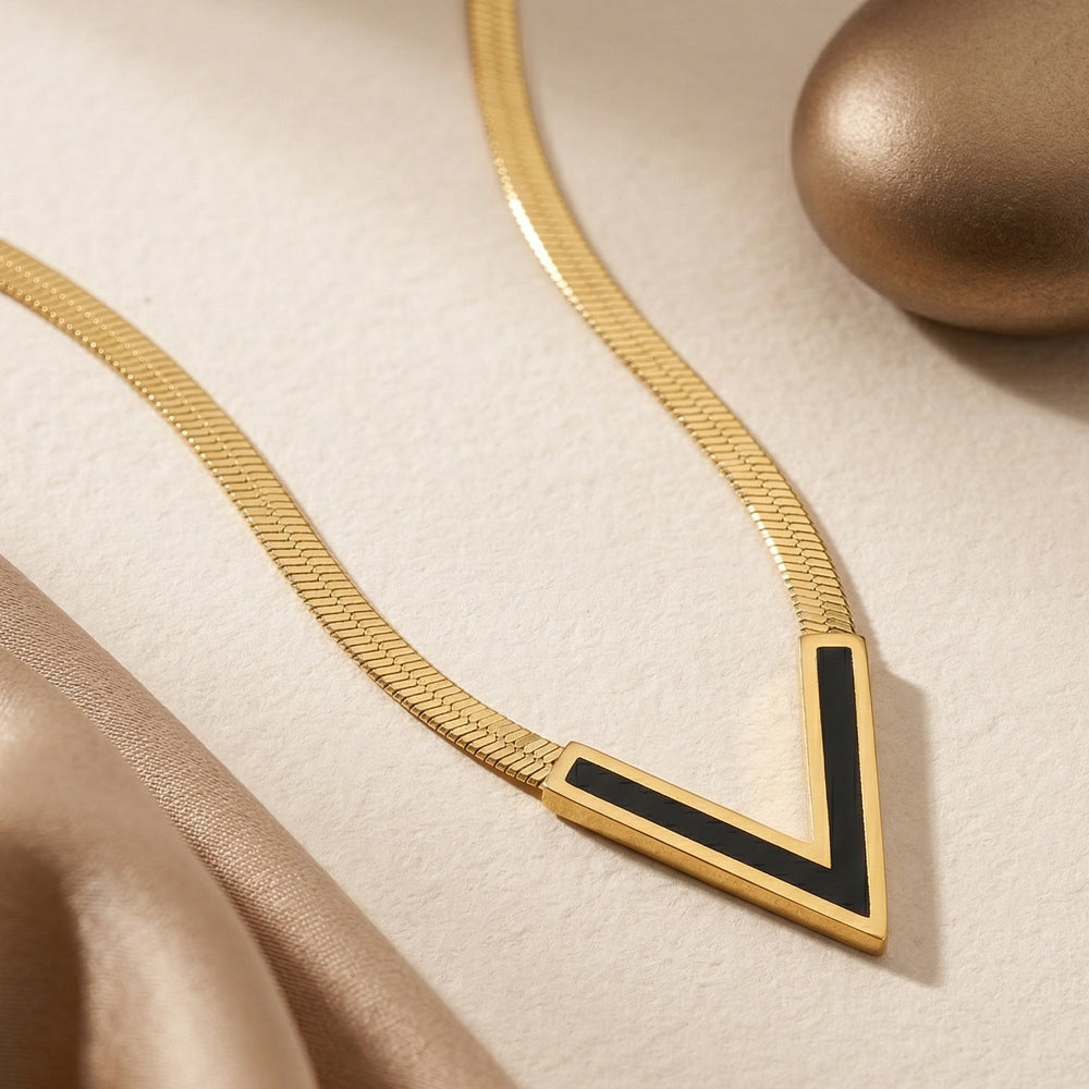 Black Enamel V-Chevron Pendant on Thick Herringbone Flat Snake Chain