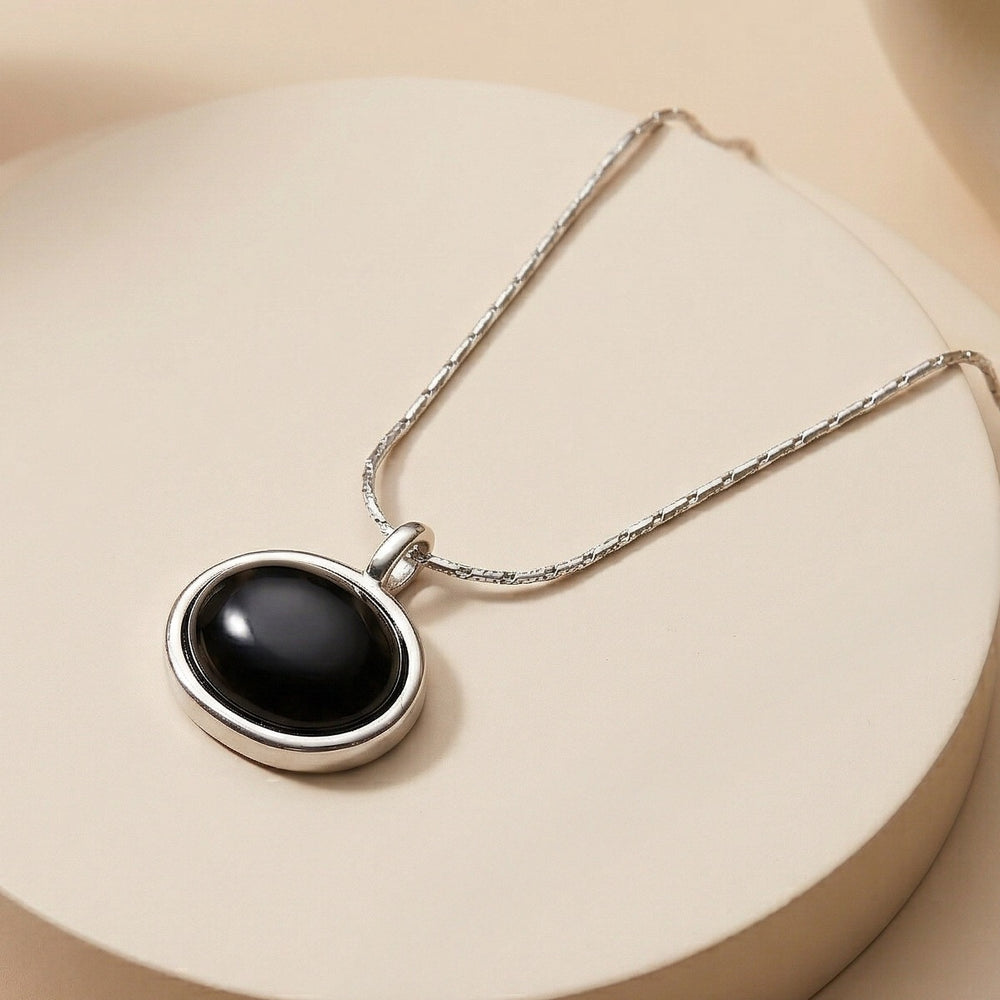 Classic Circular Black Onyx Style Pendant on Delicate Silver Chain