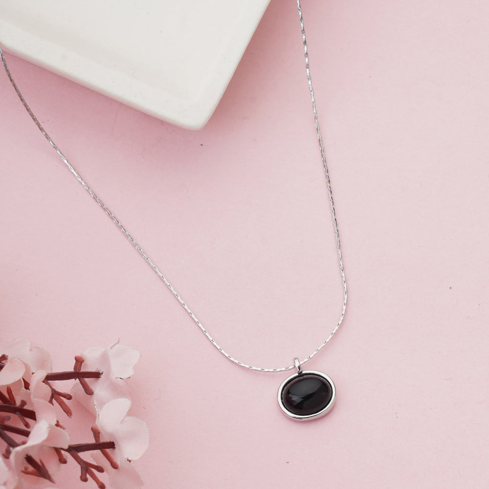 Classic Circular Black Onyx Style Pendant on Delicate Silver Chain