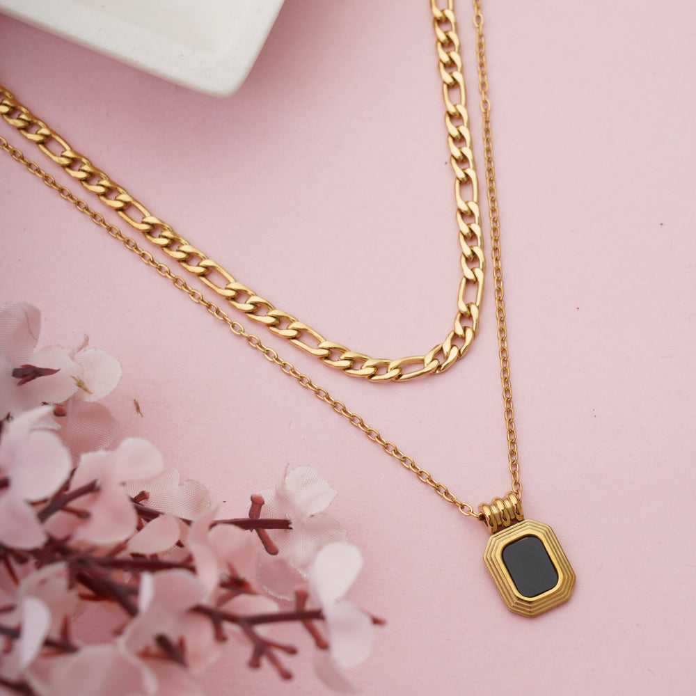 Trendy Double Layered Necklace with Gold Figaro Chain and black pendant