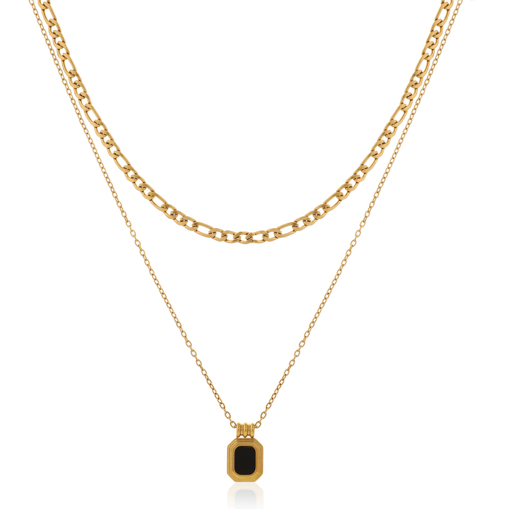 Trendy Double Layered Necklace with Gold Figaro Chain and black pendant