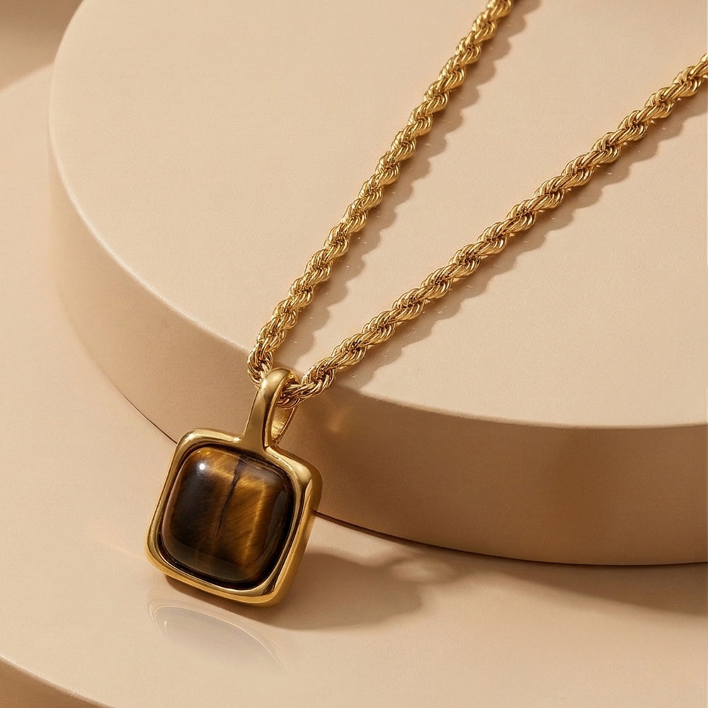 Natural Tiger's Eye Gemstone Square Pendant on Twisted Rope Chain
