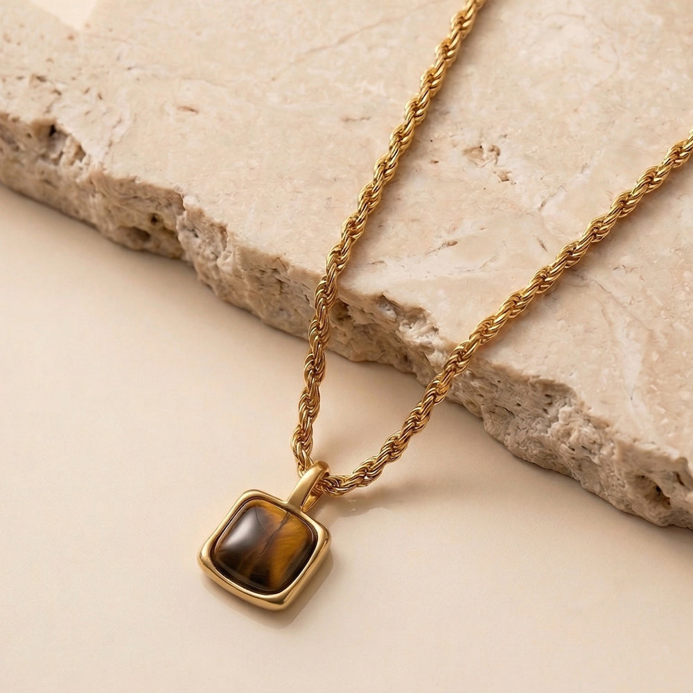 Natural Tiger's Eye Gemstone Square Pendant on Twisted Rope Chain