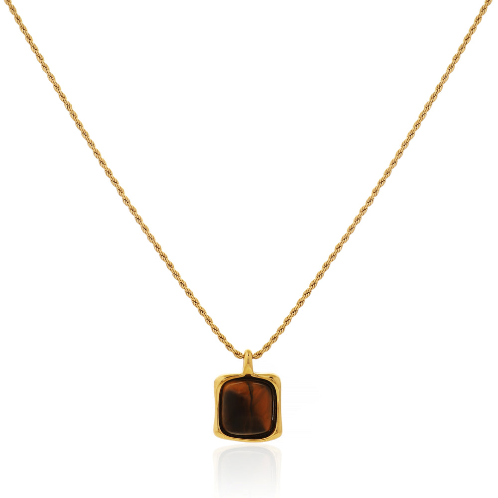 Natural Tiger's Eye Gemstone Square Pendant on Twisted Rope Chain