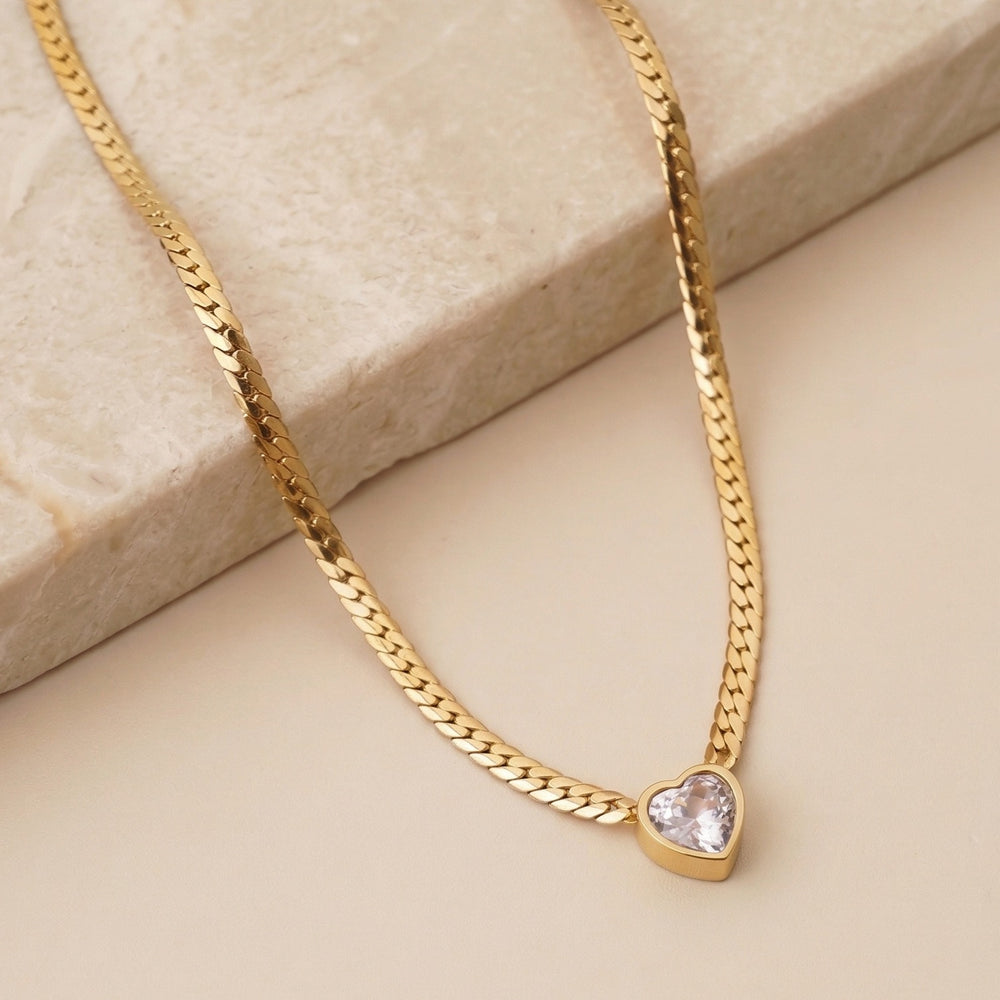 Stunning Heart Cut Pinkish-White Crystal Pendant on Thick Flat Link Chain