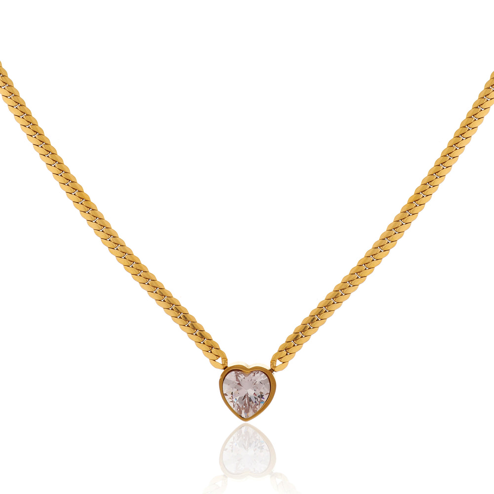 Stunning Heart Cut Pinkish-White Crystal Pendant on Thick Flat Link Chain