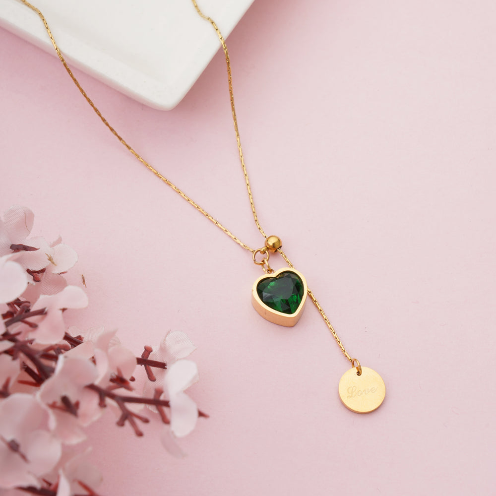 Sophisticated Emerald Green Heart Lariat Necklace with Gold Coin Drop