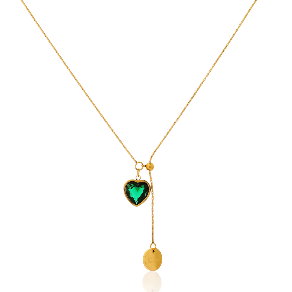 Sophisticated Emerald Green Heart Lariat Necklace with Gold Coin Drop
