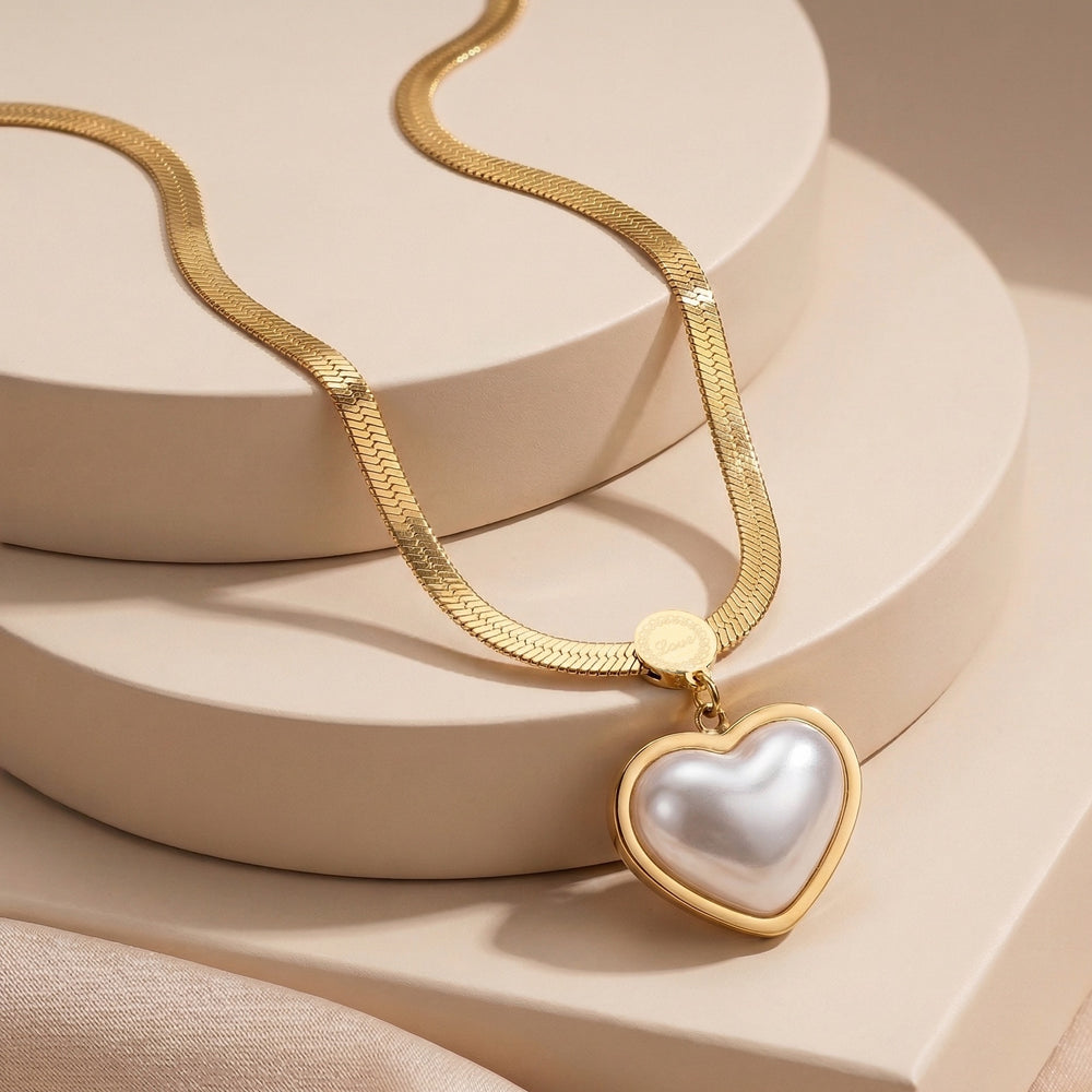 Elegant Pearl Heart Pendant on Thick Flat Herringbone Snake Chain