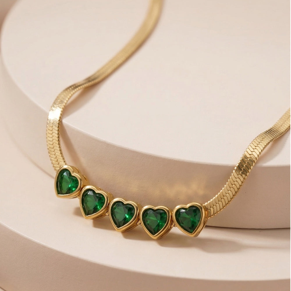 Luxury Multi-Heart Emerald Gemstone Choker on flat Herringbone Snake Chain