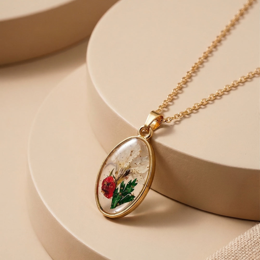 Unique Handmade Dried Flower Resin Pendant in Gold Frame