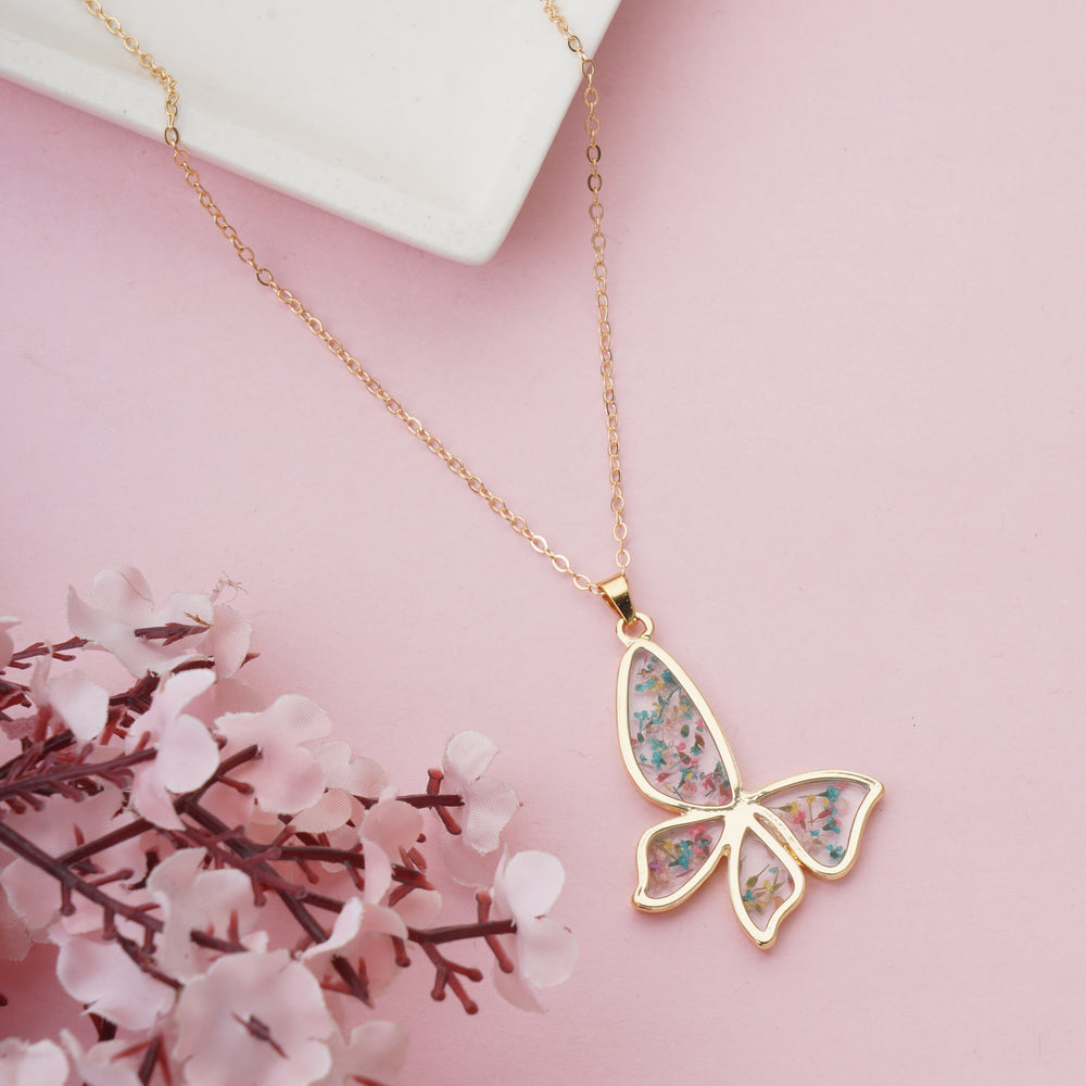 Exquisite Real Pressed Flower Butterfly Resin Necklace