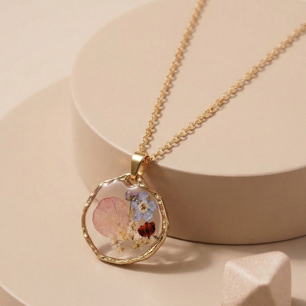 Organic Hammered Resin Pendant Necklace with Real Pressed Rose and Daisy