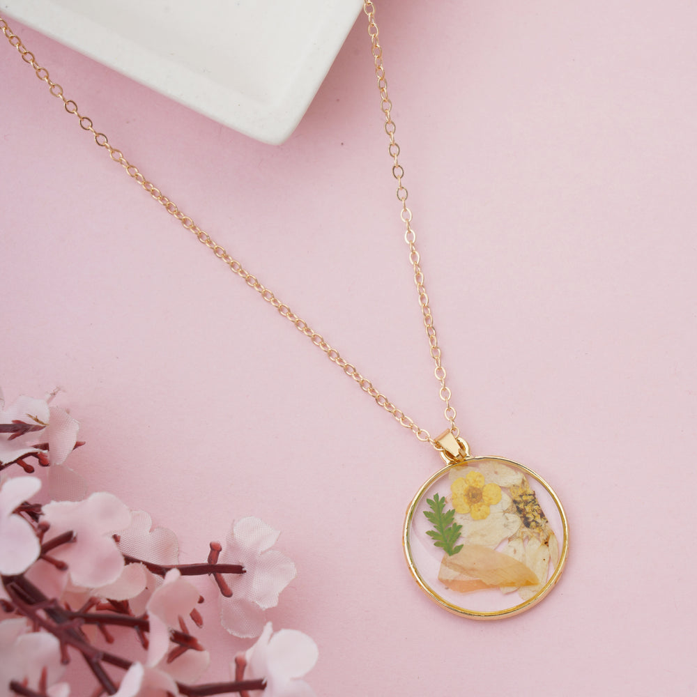 Minimalist Circular Resin Necklace with Real Pressed Yellow Buttercup