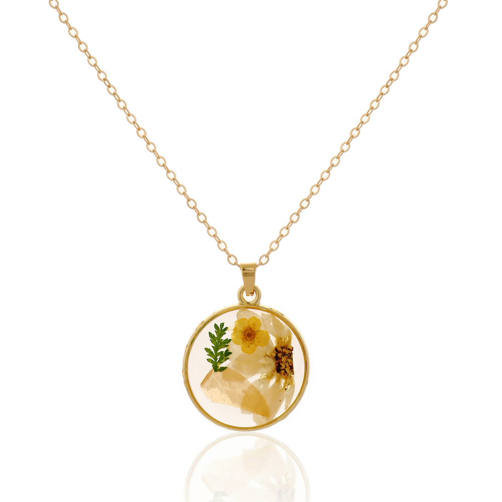 Minimalist Circular Resin Necklace with Real Pressed Yellow Buttercup