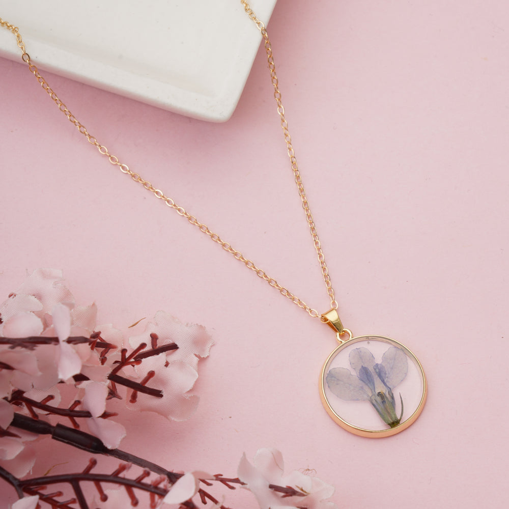 Dainty Circular Resin Necklace with Real Pressed Lavender-Tone Petals